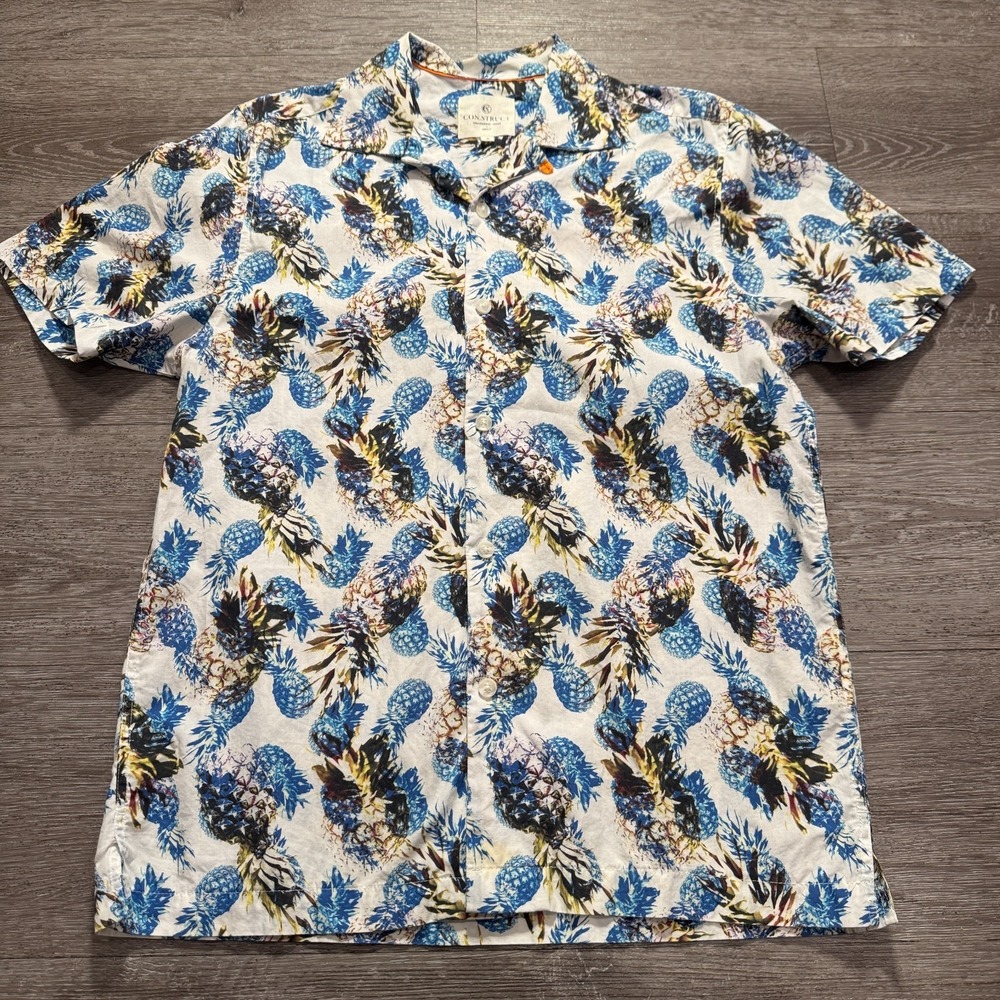 Con.Struct Shirt Men S White Blue 100% Cotton Pineapple Summer Vacation Tropical